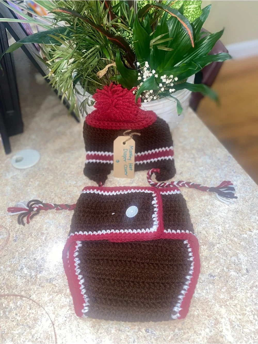 Handmade Sock Monkey Earflap Beanie and Diaper Cover Set - Brown & Red